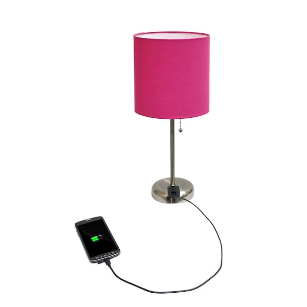 Stick Lamp With Charging Outlet And Fabric Shade, Pink